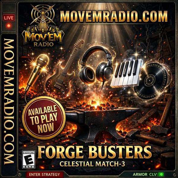 Forge Busters cover art — floating forged-metal music instruments